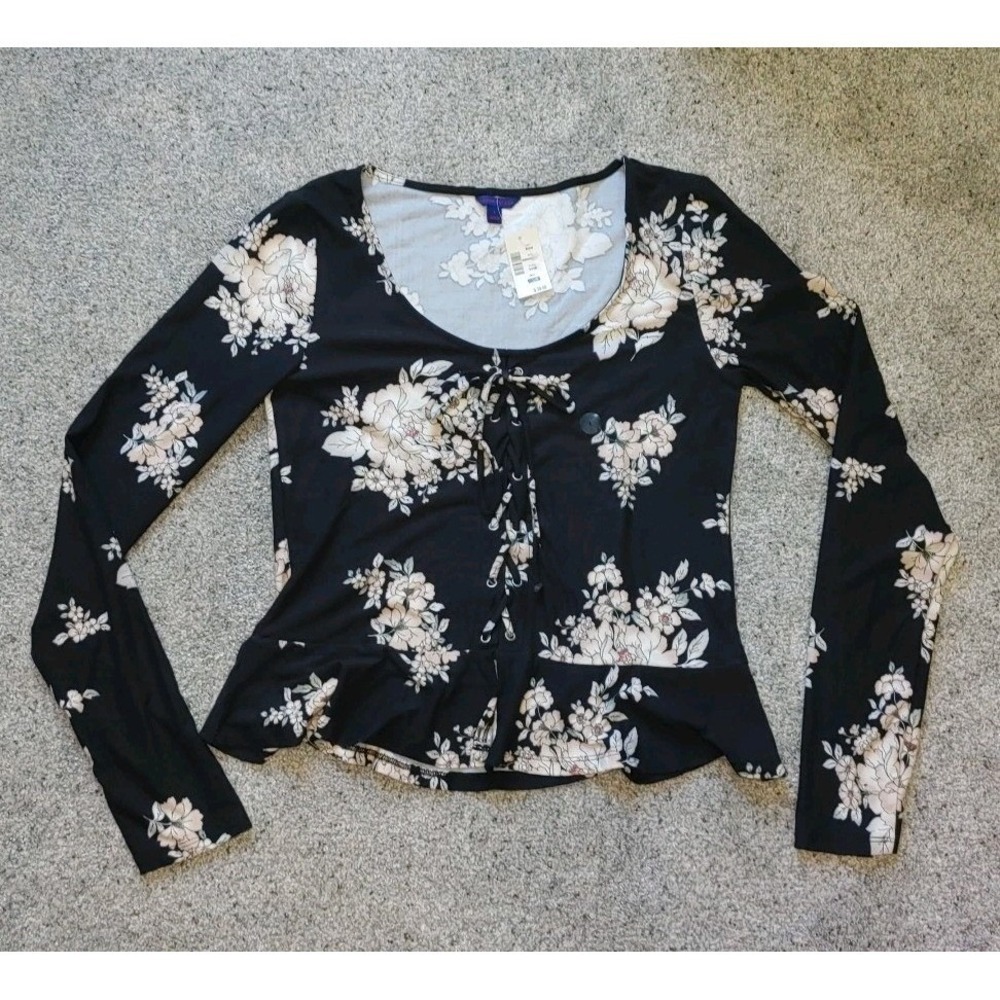 Aeropostale Womens Black‎ Floral Lace Up Peplum Long Sleeve Top Large NWT